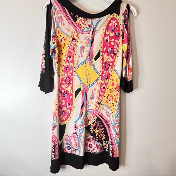 Papillon Blanc Mod Geo Design Black Trim Pink 3/4 Sleeve Sheath Dress Women's M - Picture 1 of 10